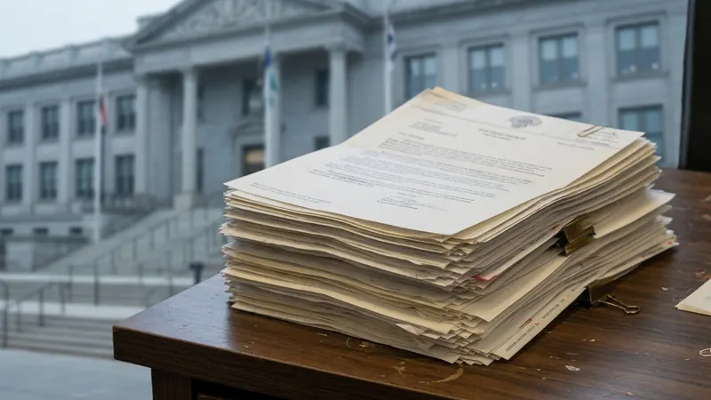 A large stack of official-looking documents.